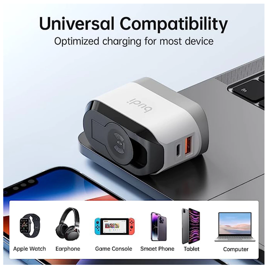 BUDI 20W 3-in-1 USB-C Wall Charger with Wireless Watch Charger