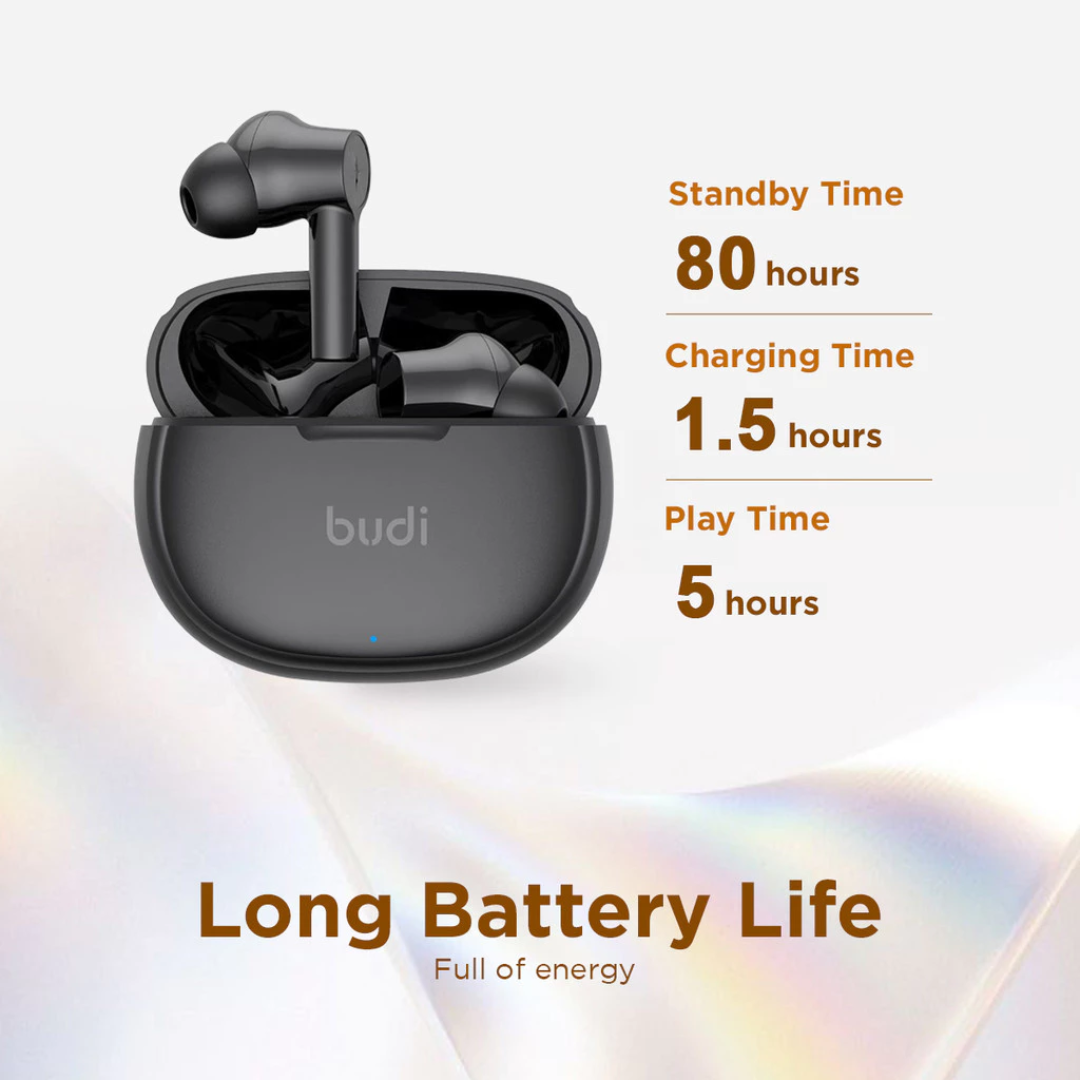 Budi EP67B  TWS Bluetooth 5.4 Earphones – Super Bass, ENC Noise Cancelling, Low-Latency Gaming Mode