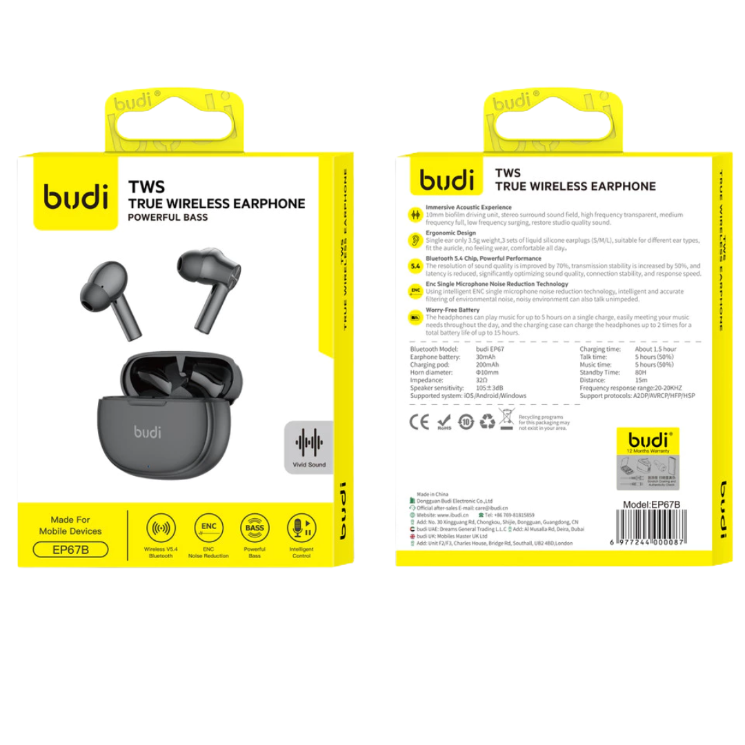 Budi EP67B  TWS Bluetooth 5.4 Earphones – Super Bass, ENC Noise Cancelling, Low-Latency Gaming Mode