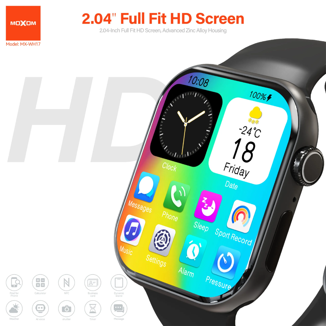 Moxom MX-WH17 Smartwatch – 2.04" HD AMOLED, Wireless Charging