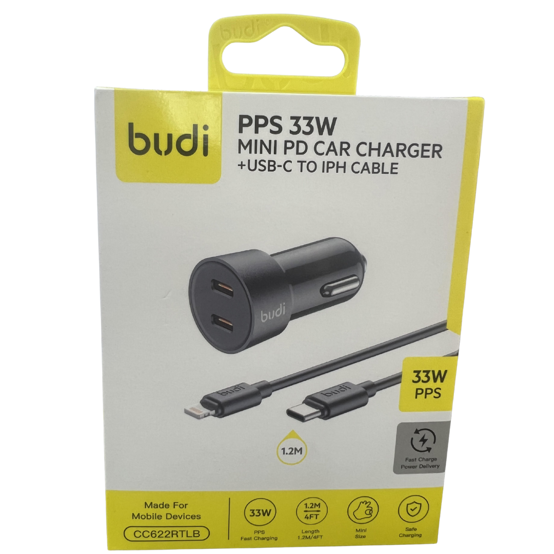 Budi Mini Car Charger PD 33W Fast Charger with Dual USB-C Ports + C to Lightning Cable (1.2M)