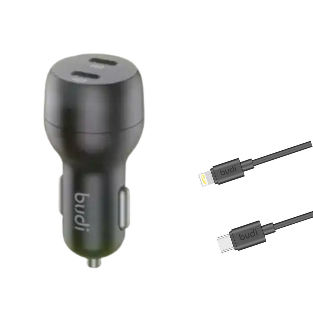 Budi Mini Car Charger PD 33W Fast Charger with Dual USB-C Ports + C to Lightning Cable (1.2M)