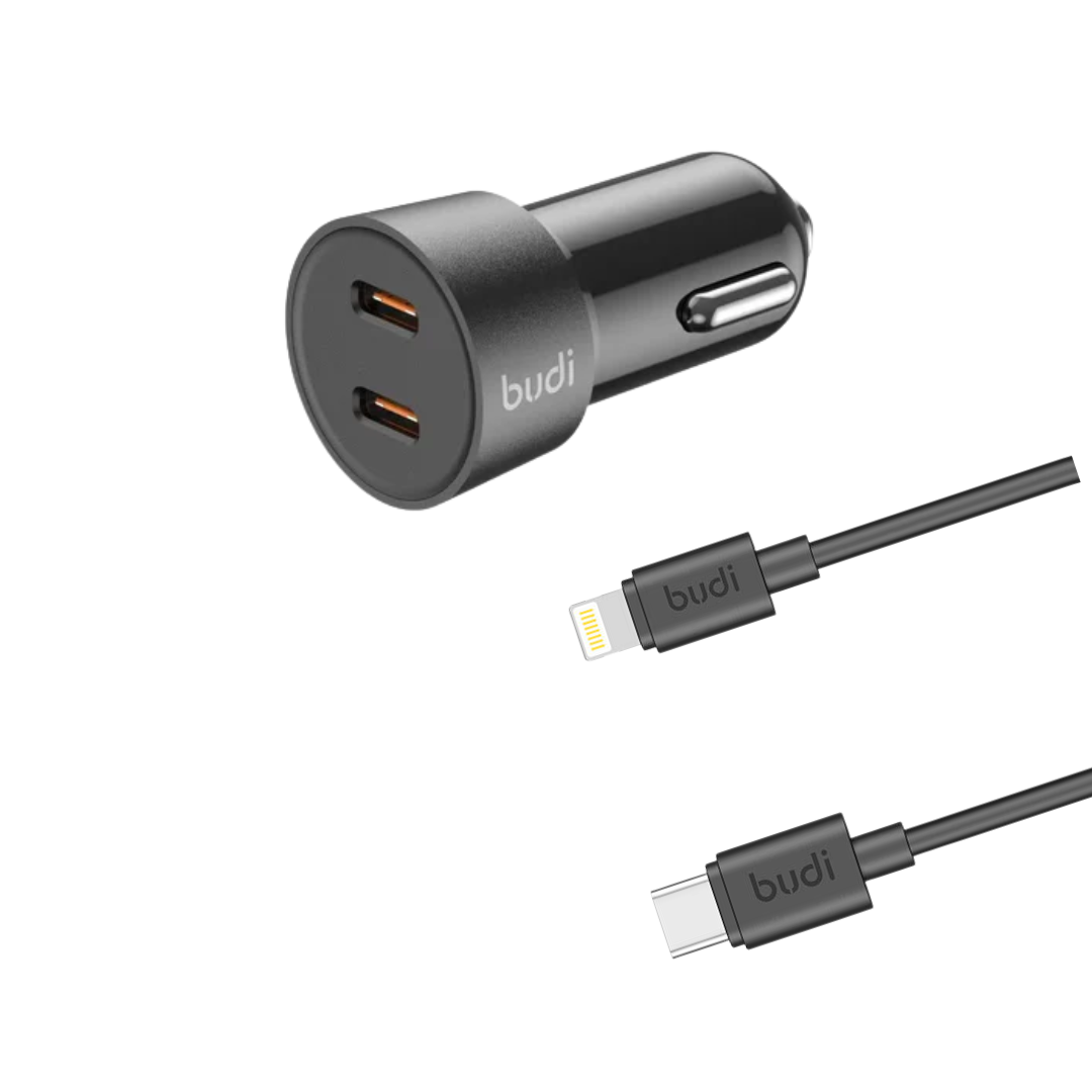 Budi Mini Car Charger PD 33W Fast Charger with Dual USB-C Ports + C to Lightning Cable (1.2M)
