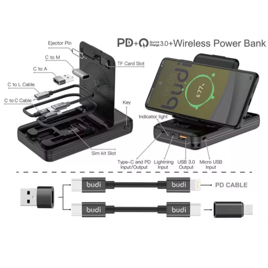 Budi PB515QB 10000mAh 20W PD Fast Qi Wireless Power Bank Multi-Functional Box | Built-in Multi-Cable