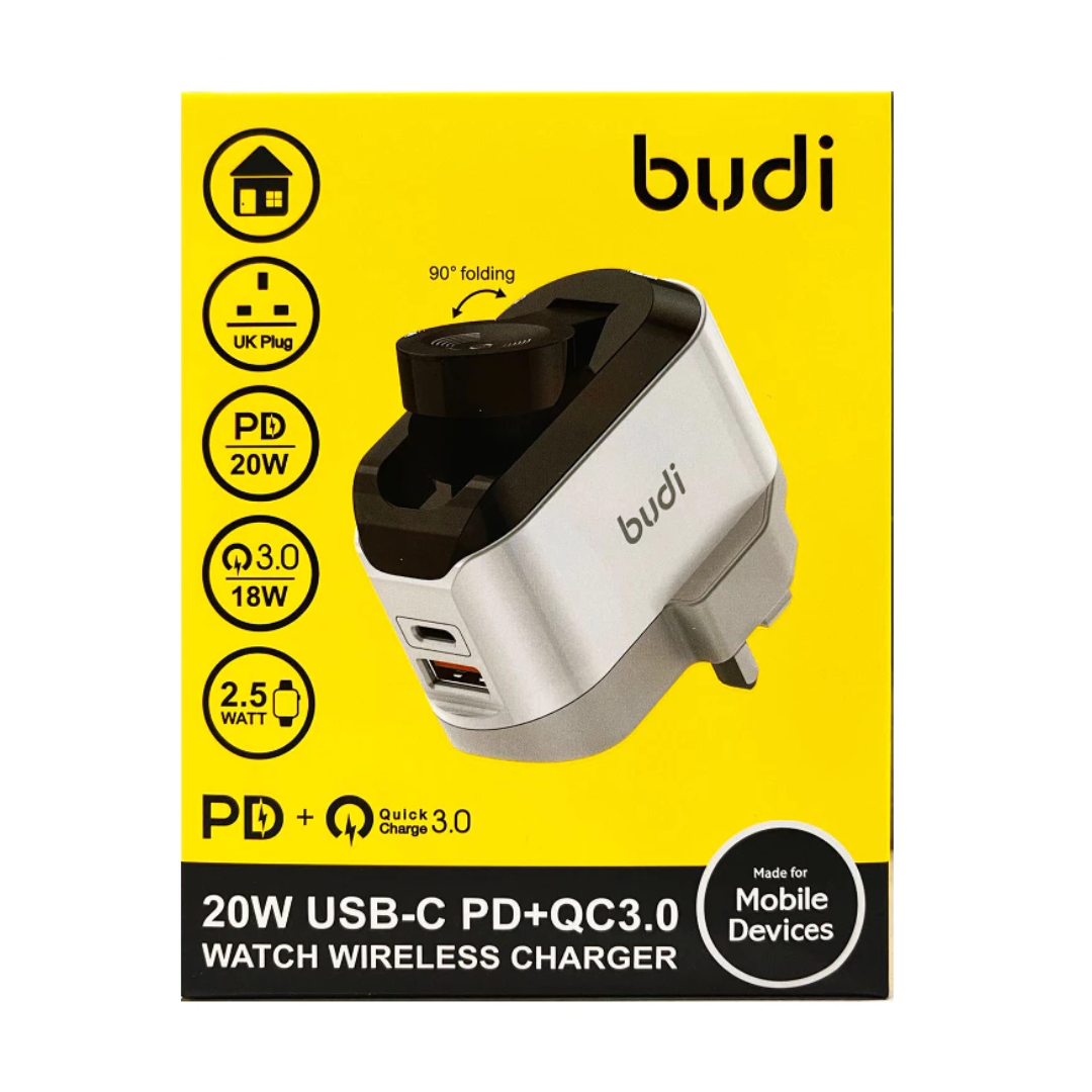 BUDI 20W 3-in-1 USB-C Wall Charger with Wireless Watch Charger