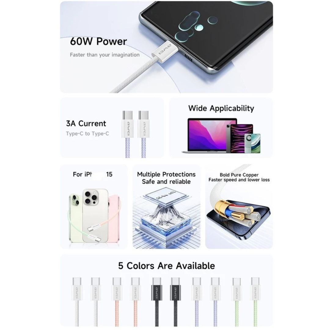 AWEI CL-220T - 2MTR 60W FAST CHARGING CABLE