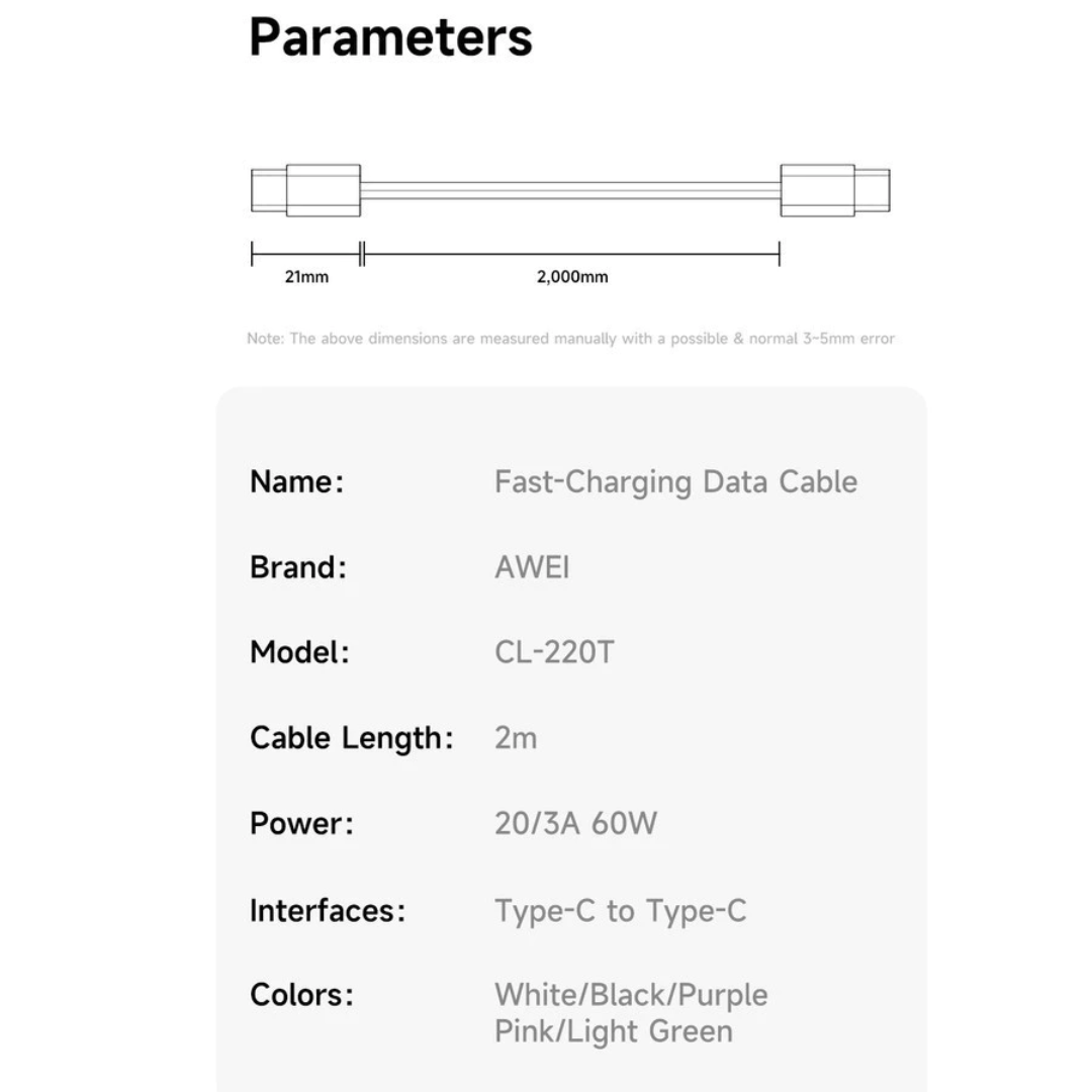 AWEI CL-220T - 2MTR 60W FAST CHARGING CABLE