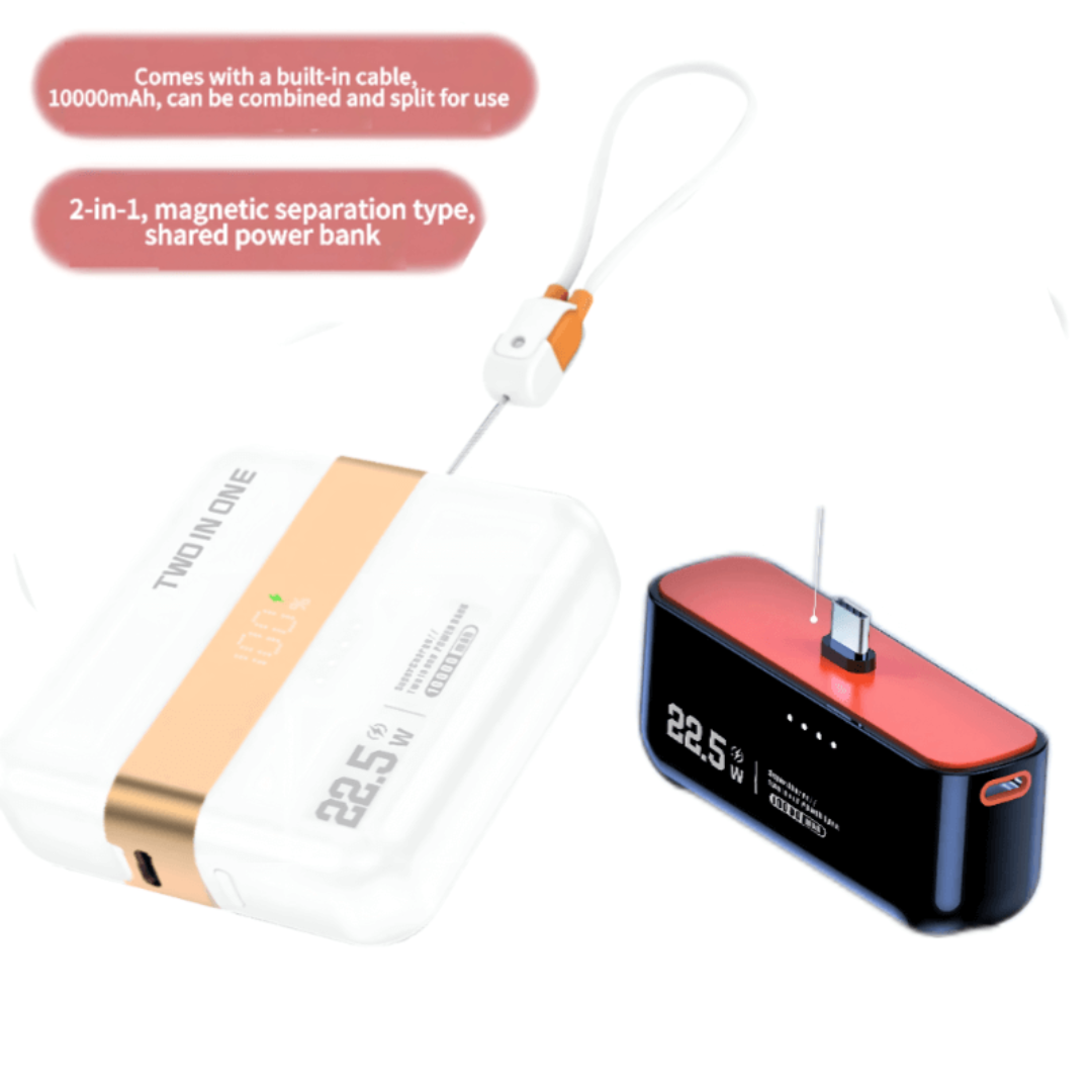 Two-in-One Magnetic Power Bank with Built-In Cable, 10000mAh Fast Charging Mobile Power Supply for Phones and Devices